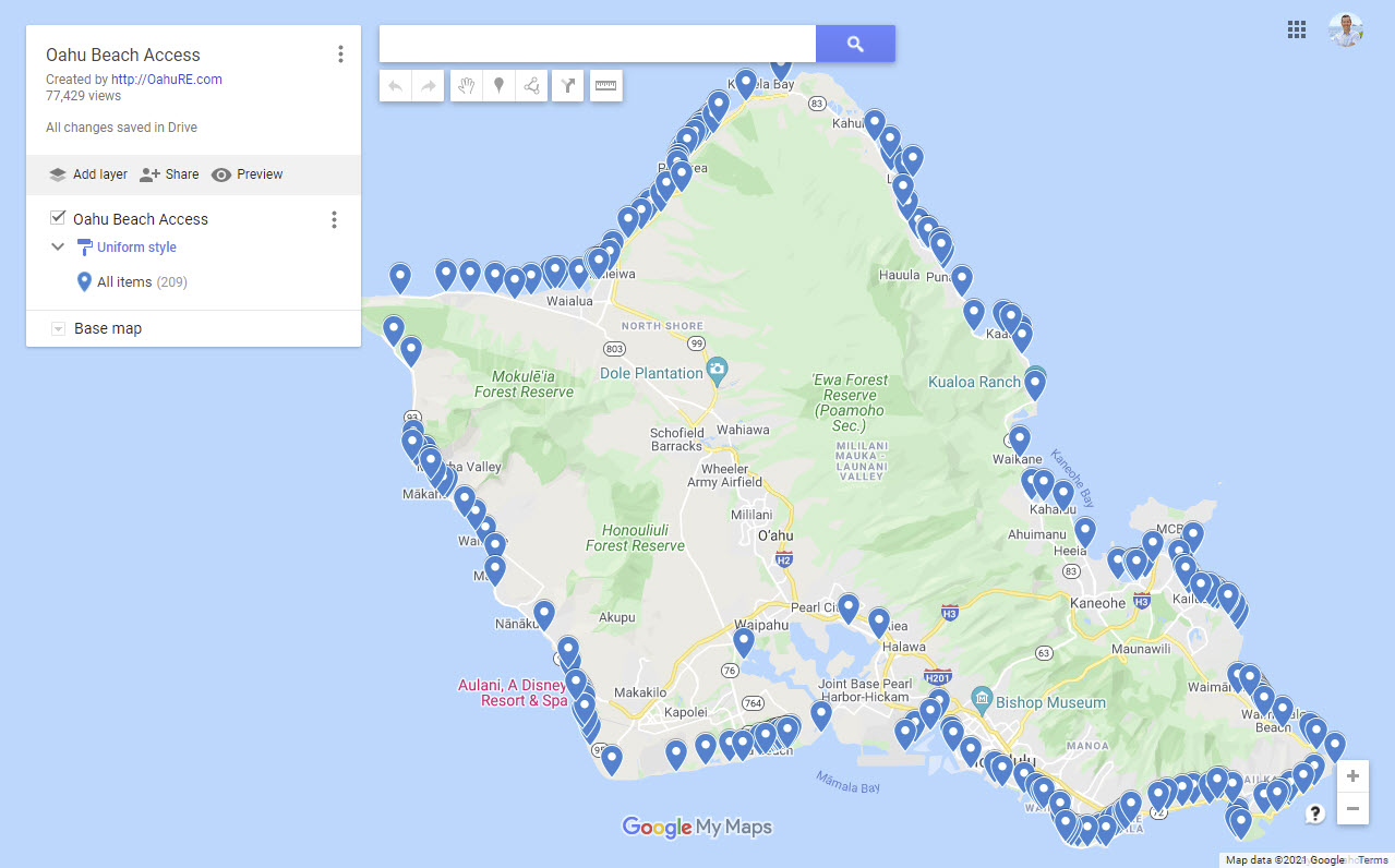 All Oahu Beach Access Points on Google Maps

